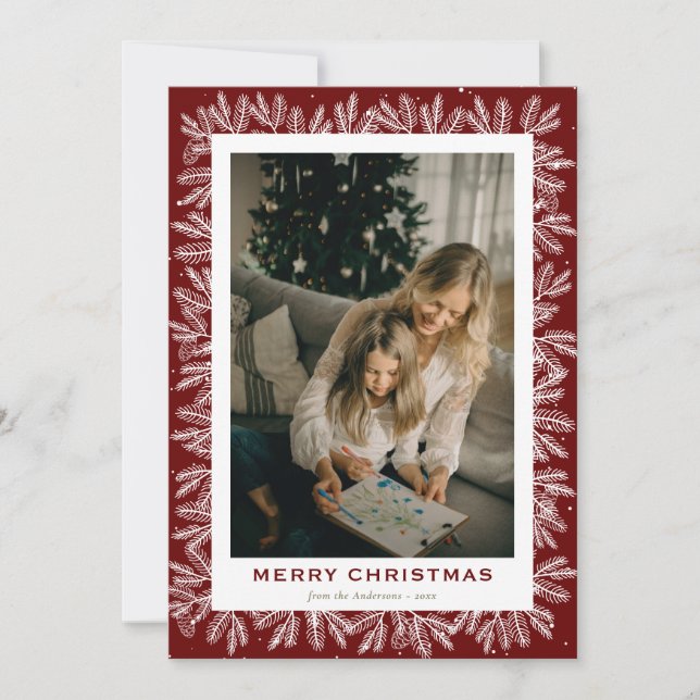 Modern Red Forest Pine Photo Christmas Holiday Card (Front)