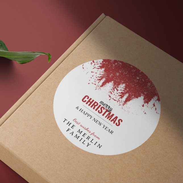 Modern Red Forest Trees Merry Christmas Classic Round Sticker (Creator Uploaded)