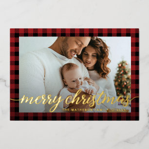 Modern Red Gingham Family photo Christmas Gold Foil Holiday Card