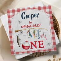 Modern Red Gingham Ofishally One 1st Birthday 