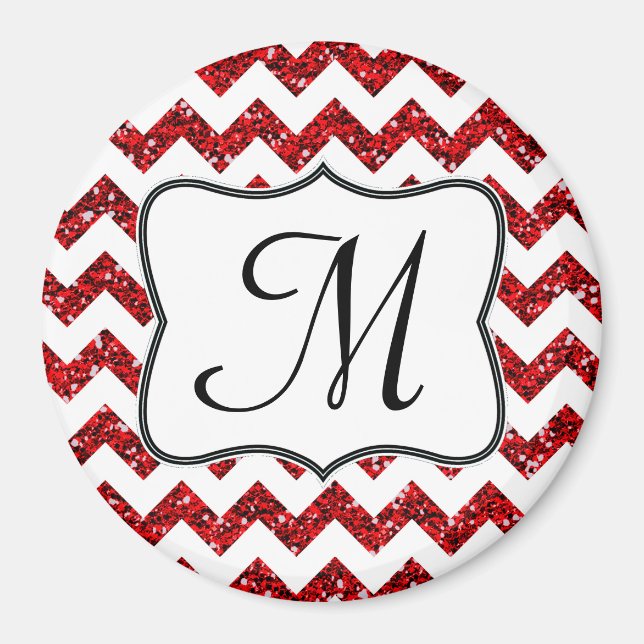 Modern Red Glitter Chevron Monogram Initial Magnet (Front)