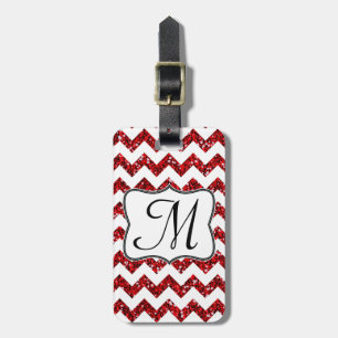 Modern Red Glitter Chevron Monogram Luggage Tag