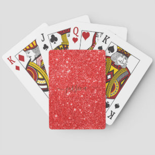 Modern red glitter script name  playing cards