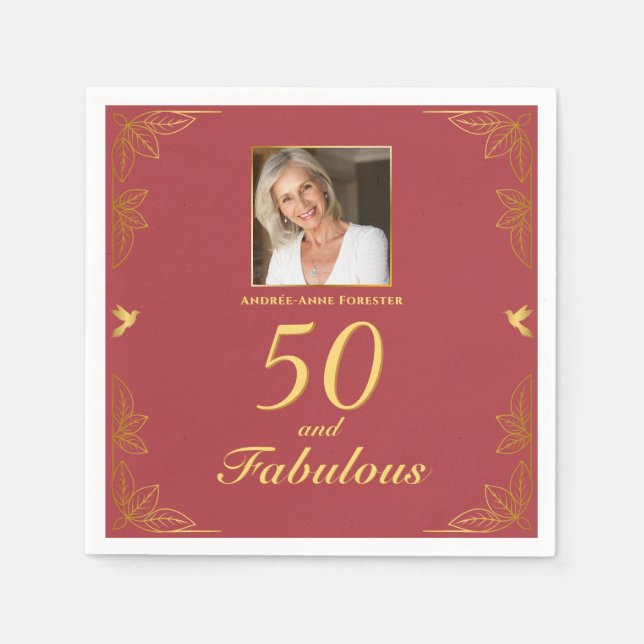 Modern Red Gold 50 Fabulous Photo Birthday  Napkin (Front)