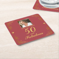 Modern Red Gold 50 Fabulous Photo Birthday