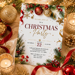 Modern Red Gold Baubles Tree Branches Christmas Invitation
