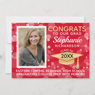 Modern Red Gold Bokeh Bubbles Photo Graduation Invitation