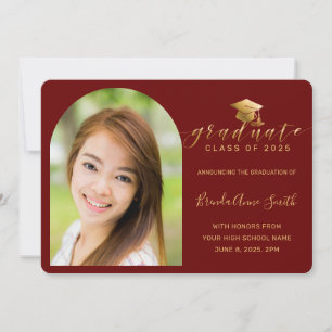 Modern Red Gold Cap Script Arch Photo Graduation Announcement