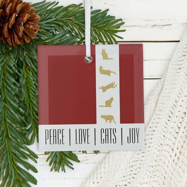 Modern Red Gold Cat Christmas Glass Ornament (Creator Uploaded)