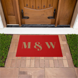 Modern red gold custom couple monogram initials  doormat