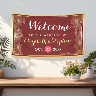 Modern Red Gold Floral Frame Wedding Welcome Sign