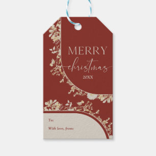 Modern Red Gold Floral Wreath Christmas  Gift Tags