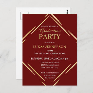 Modern Red Gold Geometric 2025 Graduation Party Postcard