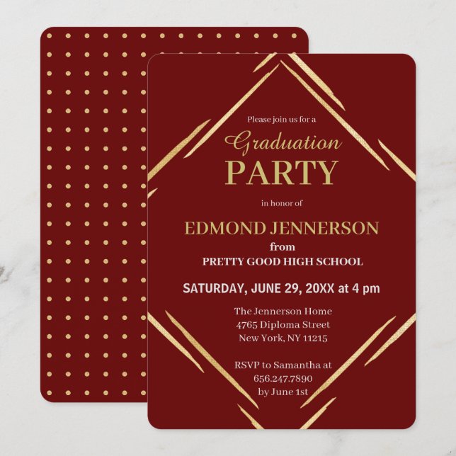 Modern Red Gold Geometric Graduation Party Invitation (Front/Back)