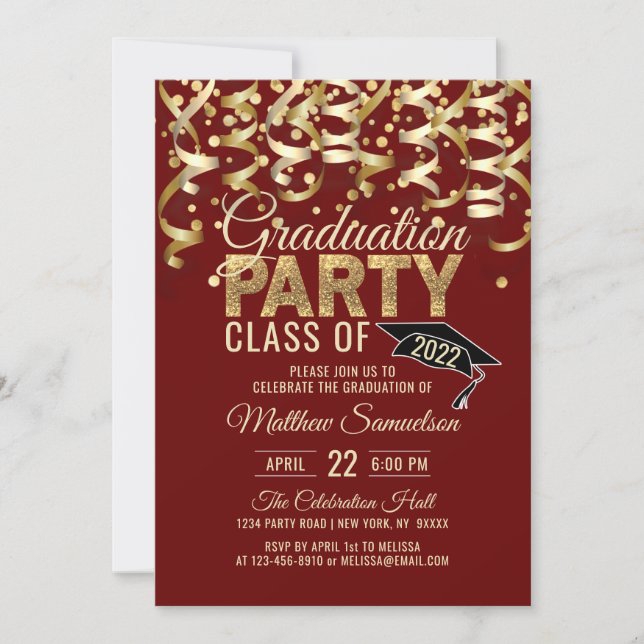 Modern Red Gold Glitter GRADUATION Party Invitation (Front)