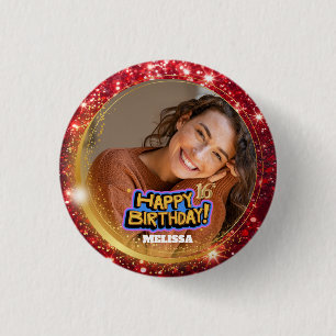 Modern Red &Gold Glitter Photo Name 16th Birthday 1 Inch Round Button