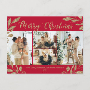 Modern Red Gold Leaves Photo Collage Christmas Postcard