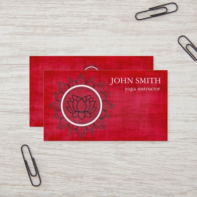 Modern Red & Gold Mandala Yoga Instructor Business Card (Front/Back In Situ)