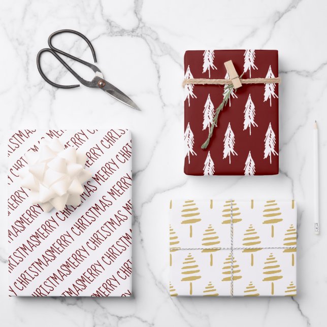Modern Red & Gold Merry Christmas Trees Wrapping Paper Sheet (Front)
