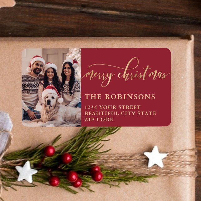 Modern Red Gold Photo Christmas Return Address Label (Creator Uploaded)