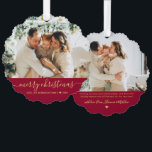 Modern Red Gold Script 2 Photo Christmas Ornament Card<br><div class="desc">Modern Cute Minimalist Red and Gold Script 2 Photo Merry Christmas Script Holiday Ornament Card. This festive, simple minimalist, whimsical two photo holiday greeting card template features „Merry Christmas” greeting text which is written in a hand lettered swirly swash-tail font calligraphy script photo overlay in red and gold. On the...</div>