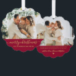 Modern Red Gold Script 2 Photo Christmas Ornament Card<br><div class="desc">Modern Cute Minimalist Red and Gold Script 2 Photo Merry Christmas Script Holiday Ornament Card. This festive, simple minimalist, whimsical two photo holiday greeting card template features „Merry Christmas” greeting text which is written in a hand lettered swirly swash-tail font calligraphy script photo overlay in red and gold. On the...</div>