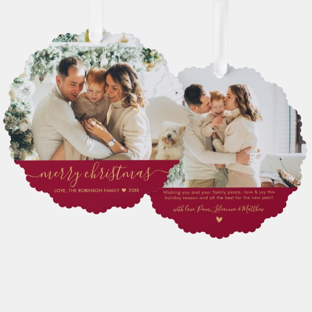Modern Red Gold Script 2 Photo Christmas Ornament Card (Front/Back)