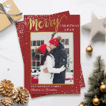 Modern Red Gold Script Merry Christmas Photo  Holiday Card<br><div class="desc">Modern Red Gold Script Merry Christmas Photo Holiday Card</div>