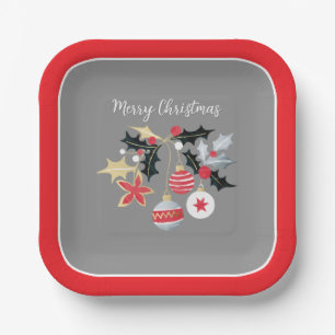 Modern Red Gold & Silver Christmas Ornaments Grey Paper Plate