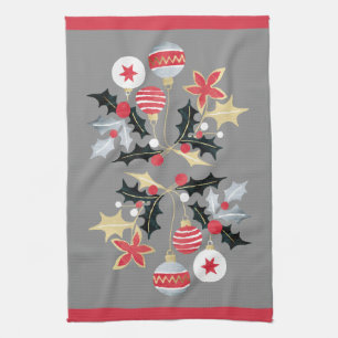Modern Red Gold & Silver Ornaments Grey Kitchen Towel