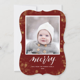 Modern Red Gold Snowflakes Bokeh Minimalist Photo Holiday Card