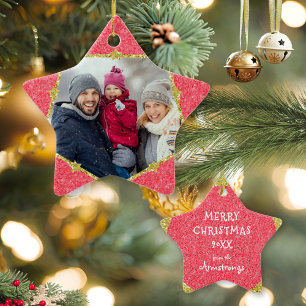 Modern Red Gold Stars Photo Christmas Trendy Ceramic Ornament