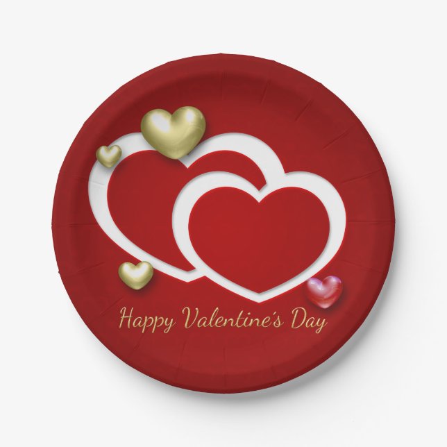 Modern Red Gold Valentine Hearts Paper Plate (Front)