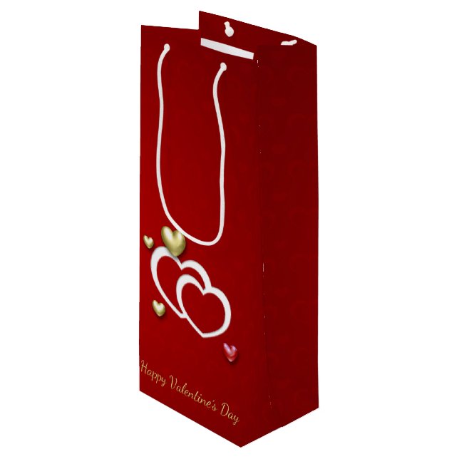 Modern Red Gold Valentine Hearts Wine Gift Bag (Front Angled)