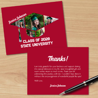 Modern Red Graduation Cap Shape Photo Collage Thank You Card