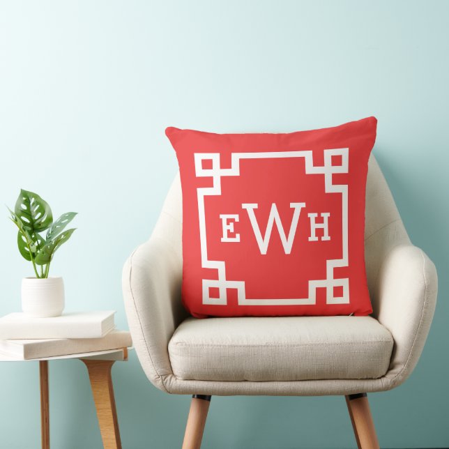 Modern Red Greek Key Custom Monogram Throw Pillow (Chair)