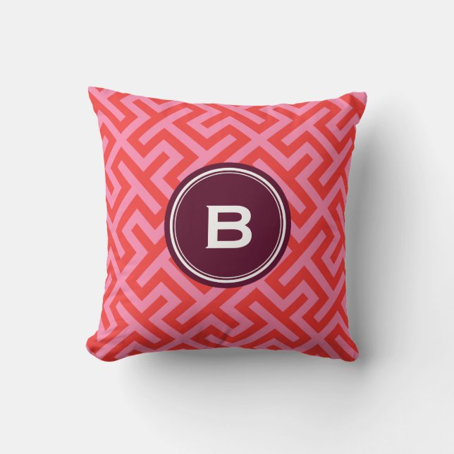 Modern red greek key geometric patterns monogram throw pillow (Front)