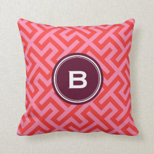 Modern red greek key geometric patterns monogram throw pillow
