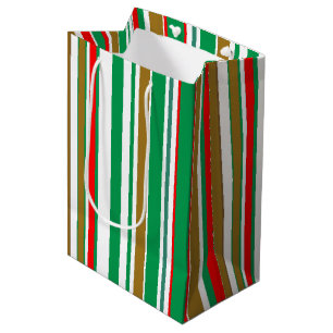 Modern Red Green and Gold Christmas Stripes Medium Gift Bag