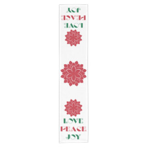 Modern Red, Green and white Love, Peace, Joy text Short Table Runner