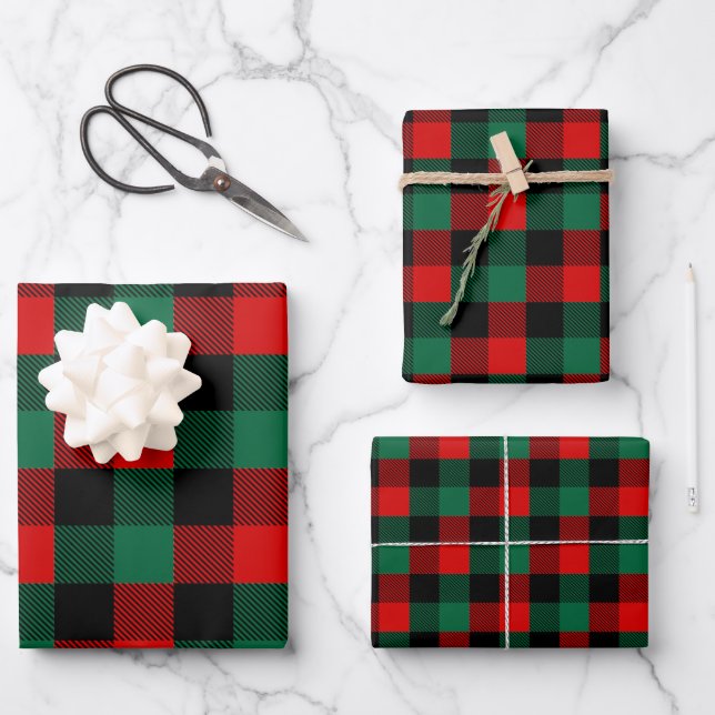 Modern Red Green Christmas Buffalo Plaid Pattern Wrapping Paper Sheet (Front)
