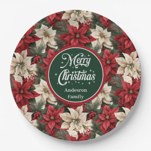 Modern Red Green Christmas Floral Paper Plates 