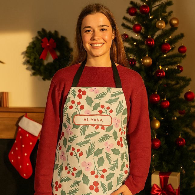 Modern Red & Green Christmas Floral Pattern Apron (Creator Uploaded)