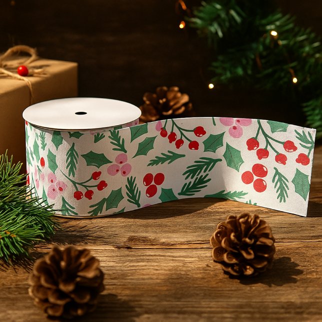 Modern Red & Green Christmas Floral Pattern Grosgrain Ribbon (Creator Uploaded)