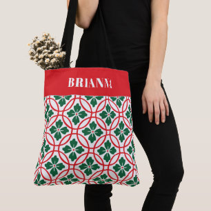 Modern Red Green Christmas Holly Pattern Custom Tote Bag