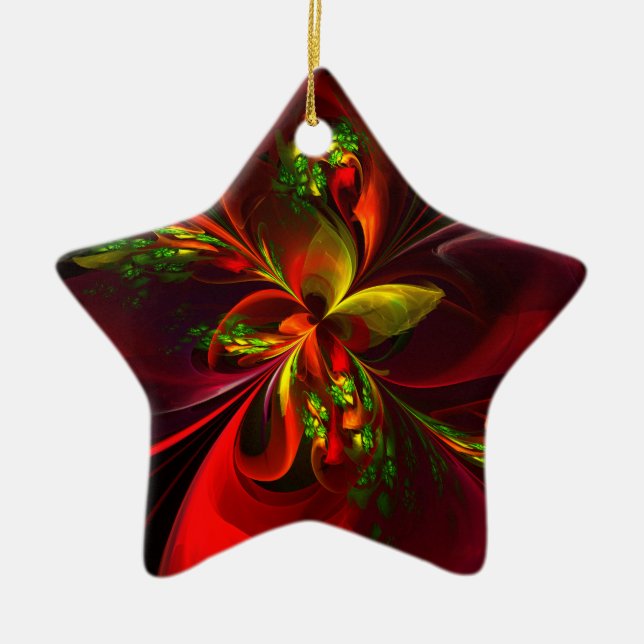 Modern Red Green Floral Abstract Art Pattern #05 Ceramic Ornament (Front)