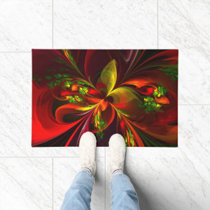 Modern Red Green Floral Abstract Art Pattern #05 Doormat