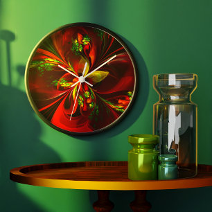 Modern Red Green Floral Abstract Art Pattern #05 Large Clock