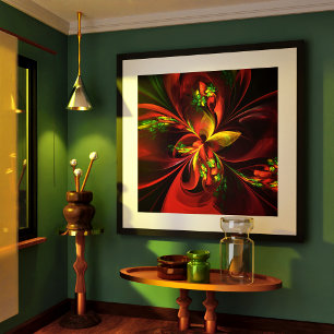 Modern Red Green Floral Abstract Art Pattern #05 Poster