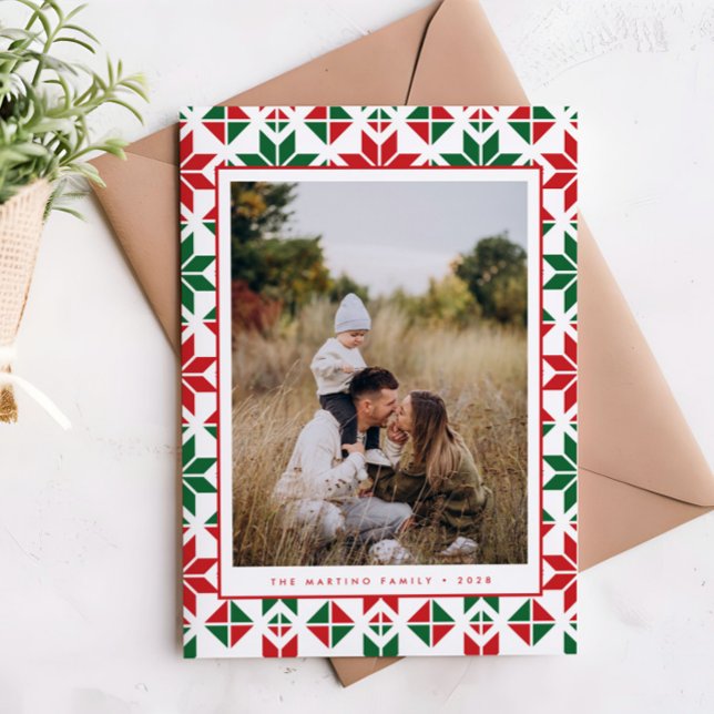 Modern Red Green Folk Quilt Photo Christmas Card (Creator Uploaded)